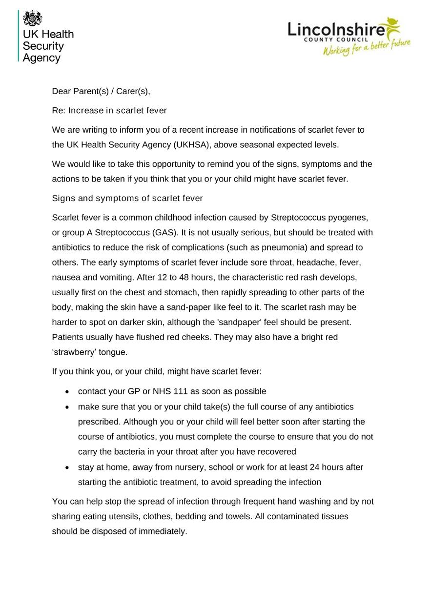 Scarlet Fever letter to parents/carers