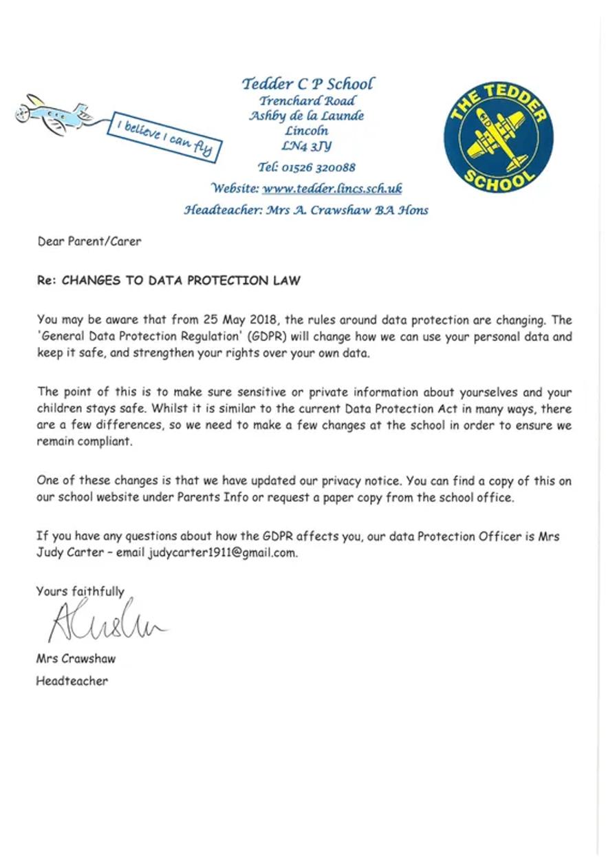 Changes to Data protection letter